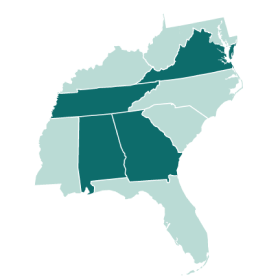 map of southeast USA